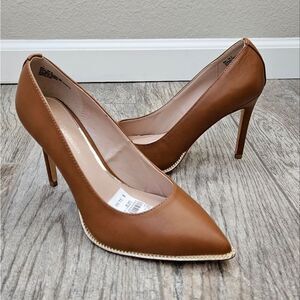BCBG Harlia Congac Heels with Gold Tone Chain Trim